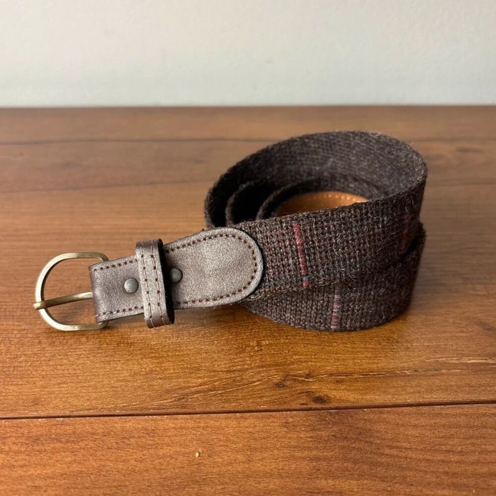 Vintage Mens Tweed Woven Leather Belt Size 36 Brown Plaid Brass Buckle Ivy Prep